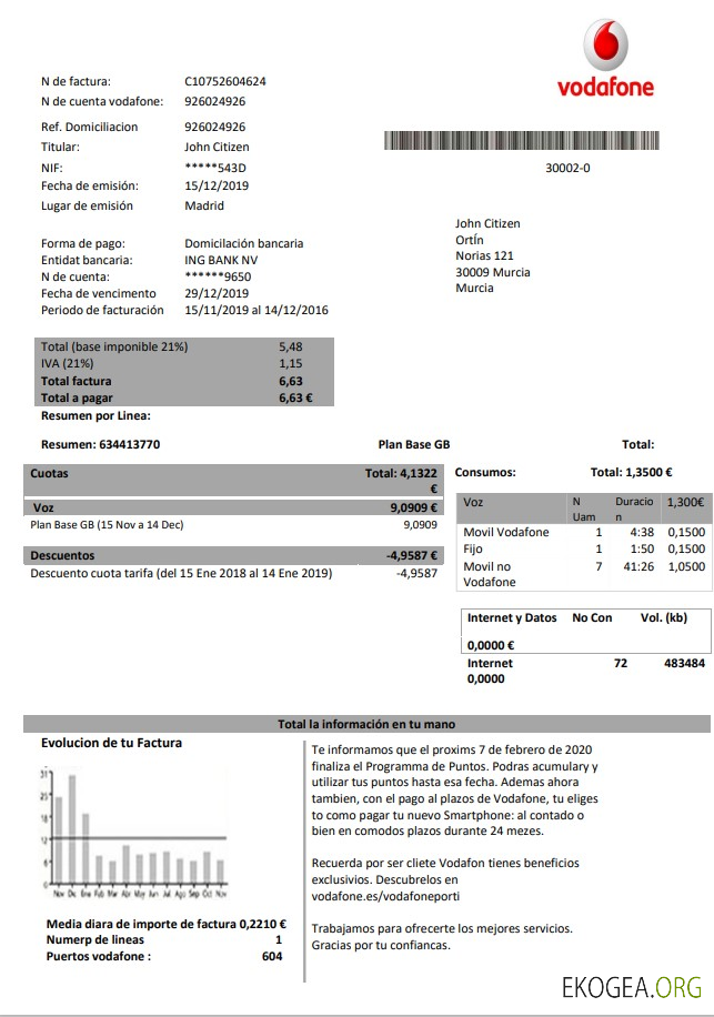 Spain Vodafone telecommunications utility bill template in Word and PDF format